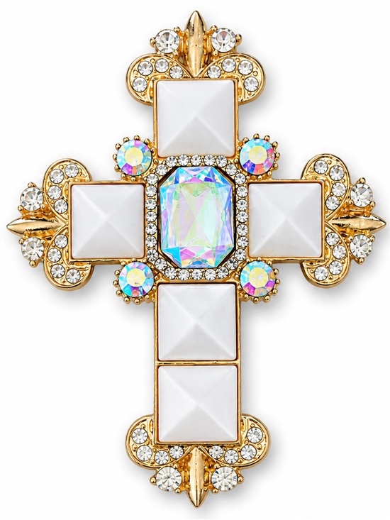 Jewelry - Gold Cross Brooch with White Stones and Aurora Crystal Center